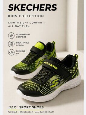 Skechers Kids Sneakers Size 2 Black Neon Green Lightweight Sport Shoes Velcro